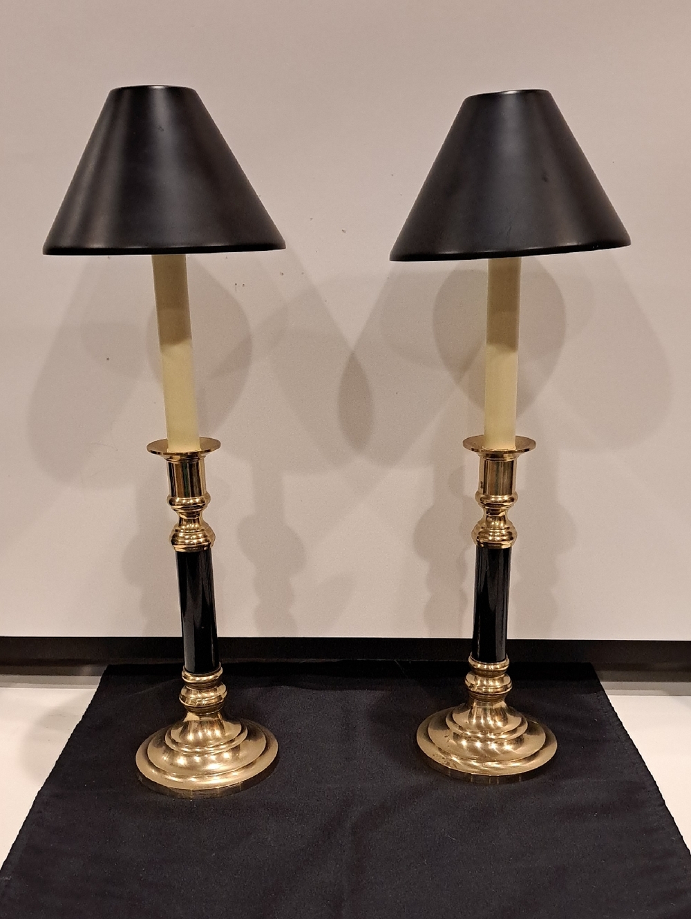 Pair MCM Brass And Black Candlesticks. Regency. Empire Style. 18"